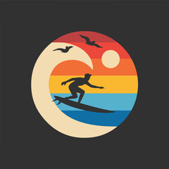 Obraz premium Silhouette of a surfer riding a wave against a vibrant sunset with seagulls flying