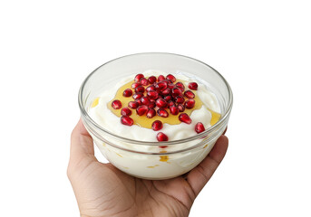 Hand holding a clear bowl with yogurt, honey, and pomegranate seeds ready to be enjoyed as a snack on transparent background