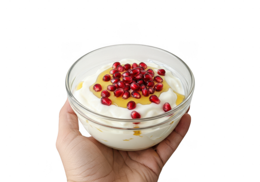 Hand holding a clear bowl with yogurt, honey, and pomegranate seeds ready to be enjoyed as a snack on transparent background