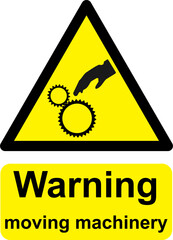 Black and yellow vector graphic of Warning Moving Machinery warning sign. It consists of a symbol in a triangle above warning text.