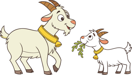 Goat and baby goat eating grass vector design, Goat logo design, Goat illustration vector design