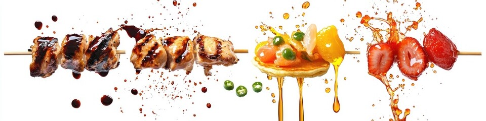  teriyaki sauce splashing onto grilled chicken skewers, sweet soy glaze cascading onto stir-fried vegetables, and clear fruit glaze splashing onto fluffy pancakes, isolated on white background
