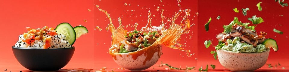 wasabi sauce splashing onto a tuna poke bowl, hoisin sauce splashing onto a plate of BBQ pork, tzatziki sauce splashing onto a Mediterranean wrap with fresh veggies, isolated on soft light red 