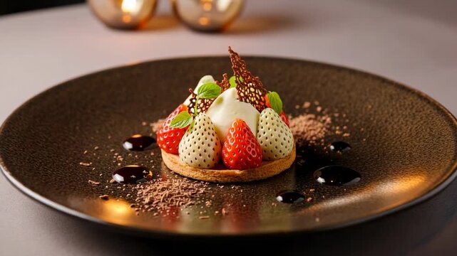 Gourmet strawberry tart with red and white strawberries, cream, and chocolate. An exquisite fine dining dessert beautifully plated on a dark dish.
