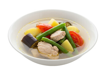 A bowl of nilaga soup with meat, green beans, eggplant, potatoes, and tomatoes in clear broth on transparent background