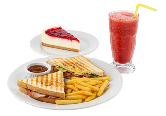 A plate with a sandwich, fries, sauce, cheesecake and a strawberry smoothie with yellow straw nearby on transparent background