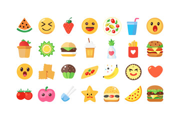 Fototapeta premium Collection of colorful flat food and emoji icons on black background