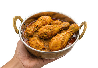 A hand holding a bowl of chicken drumsticks in a savory sauce ready to be served for dinner time on transparent background