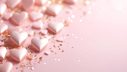 Pink hearts and gold glitter on a soft pink background