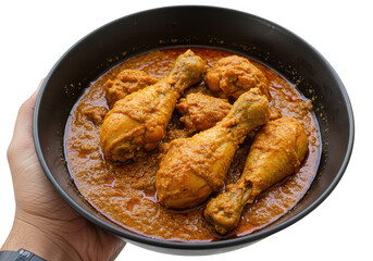 A person holding a bowl of chicken drumsticks in a sauce, ready to be served for a delicious meal on transparent background