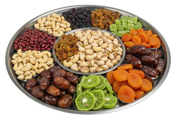 Assorted dried fruits and nuts arranged on a silver platter with multiple compartments for each item on transparent background