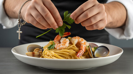 Chef garnishes seafood pasta with fresh herbs