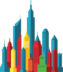 Fototapeta premium Modern city skyline vector with colorful high-rise buildings and skyscrapers in abstract urban composition