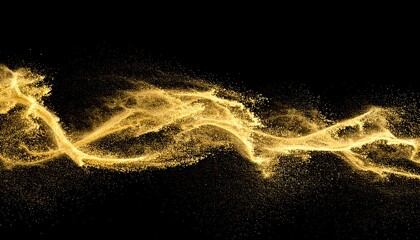 Golden Dust Trail Across Black Background, Abstract Particle Explosion Design.