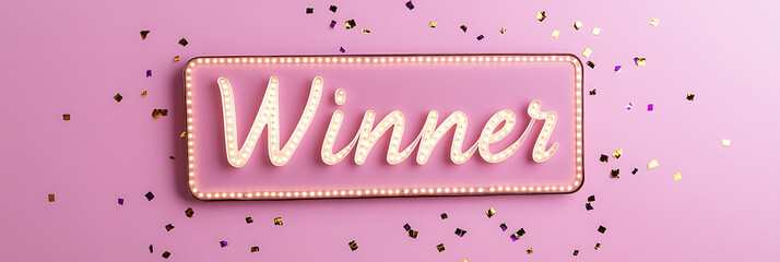 A celebratory image featuring an illuminated sign reading "Winner", surrounded by confetti on a pink background, evoking a sense of achievement.