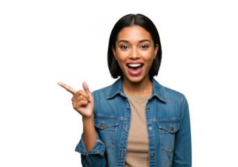 Young woman pointing left with excited expression isolated on transparent background