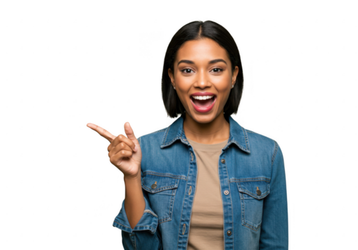 Young woman pointing left with excited expression isolated on transparent background