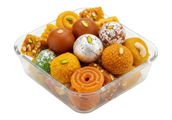 An assortment of colorful sweets in a clear container ready to be enjoyed for any special celebration on transparent background