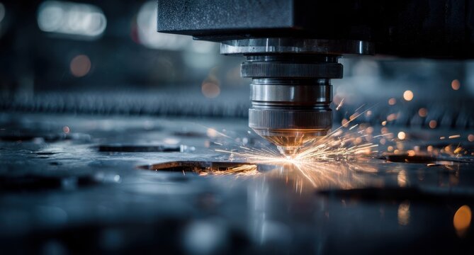 A close-up of an industrial machine turning, with sparks flying as it cuts metal with its blade precision craftsmanship at work during quality control welding for car parts production Generative AI