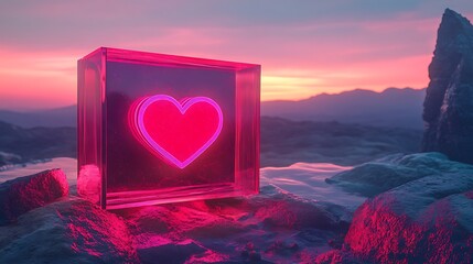 Romantic neon heart displayed within a transparent glass cube against sunset sky photo