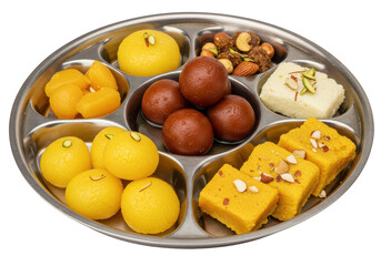 Assortment of colorful indian sweets arranged on a silver platter with different shapes and textures shown on transparent background