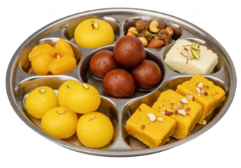 Assortment of colorful indian sweets arranged on a silver platter with different shapes and textures shown on transparent background