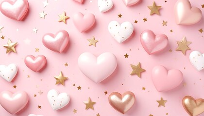 Pink hearts and gold stars on a pastel pink background.  A celebratory, romantic, and feminine design