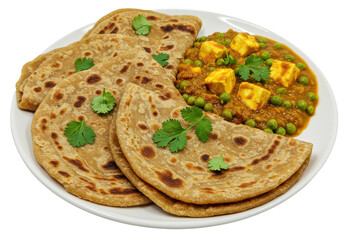 Delicious paratha served with paneer mutter on a white plate garnished with fresh cilantro leaves on transparent background