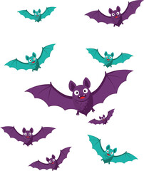 Cute cartoon bats flying in various directions with purple and teal colours vector design for Halloween or spooky themes