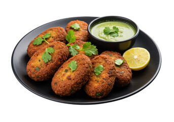 A display of crispy patties with cilantro garnish and a side of green sauce on a dark plate on transparent background