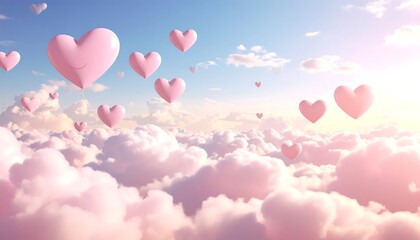 Pink hearts float in a soft, pastel sky above fluffy clouds