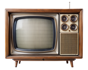 Vintage wooden television set with screen and speakers isolated on transparent background