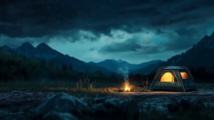 Serene camping scene illuminated at night with tent fire and mountains a beautiful photo