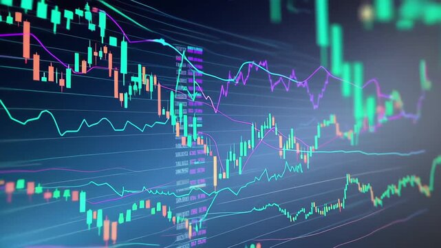 This video presents dynamic graphs and charts illustrating market trends and financial data. The colorful lines and moving patterns represent the fluctuating nature of stock markets and investments, p - Powered by Adobe