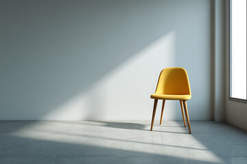 Minimalist interior featuring a yellow chair bathed in sunlight, creating a serene and modern atmosphere.