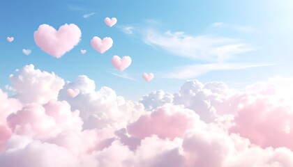 Pink heart-shaped clouds float in a pastel sky