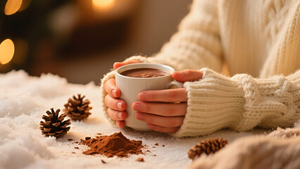 Cozy winter comfort with warm hot chocolate, a perfect moment of relaxation and festive spirit
