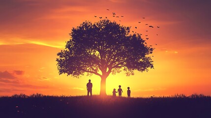 Silhouette of a family standing under a tree during the beautiful sunset photo