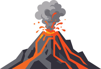 Volcano erupting with flowing lava and smoke plume vector illustration in dramatic natural disaster scene
