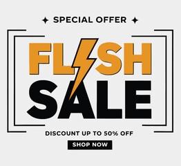 Flash Sale Special Offer Orange Lightning Bolt Typography 50% Off Discount Banner Vector Promotion