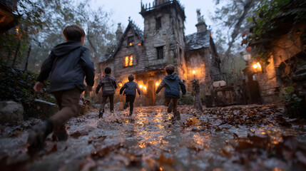 Group of kids running from a haunted house, representing the thrill and fear of Halloween attractions