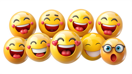 Group of Happy and Surprised Emoji Faces on Transparent Background