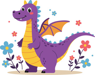Purple dragon character with yellow belly and orange wings surrounded by colorful flowers in playful vector design