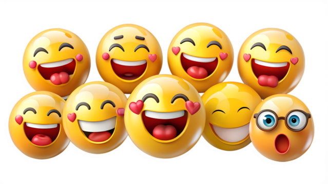 Group of Happy and Surprised Emoji Faces on Transparent Background