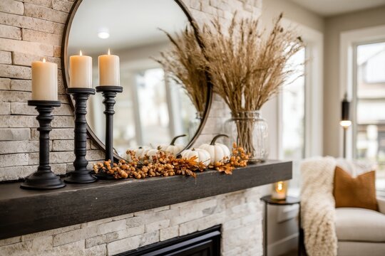 Cozy fall fireplace mantel decorated with candles, pumpkins, and dried grass. - Powered by Adobe