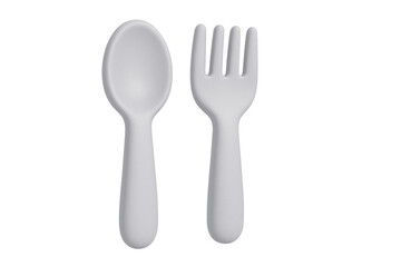 3d rendered white plastic cutlery lying on clear surface, minimalist design element highlighting contemporary culinary styling and graphic presentation