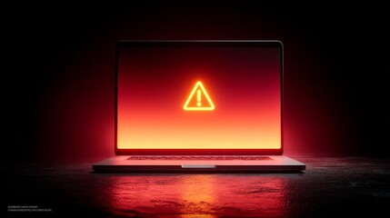 Laptop showing warning alert sign on red background in dark room