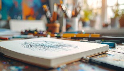 Desk with Sketchbook Pens and Brushes in Warmly Lit Artist Studio