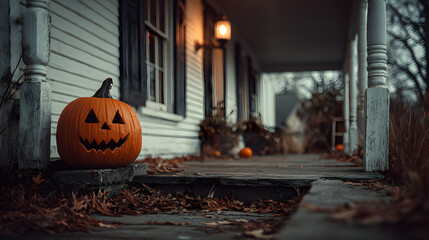 Obraz premium Halloween carved pumpkin on the porch outside