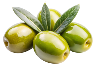 Fresh green olives with leaves isolated on transparent background